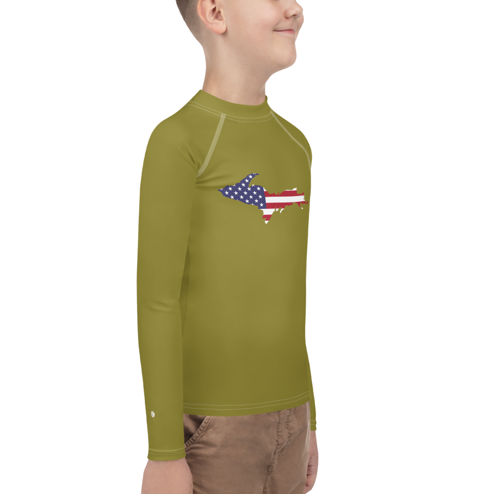 Michigan Upper Peninsula Rash Guard (w/ UP USA Flag) | Youth - Scrub Gold