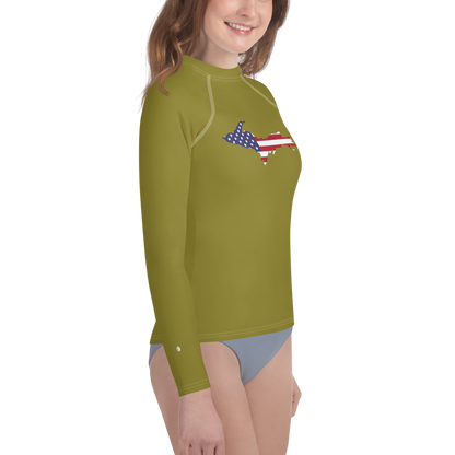 Michigan Upper Peninsula Rash Guard (w/ UP USA Flag) | Youth - Scrub Gold