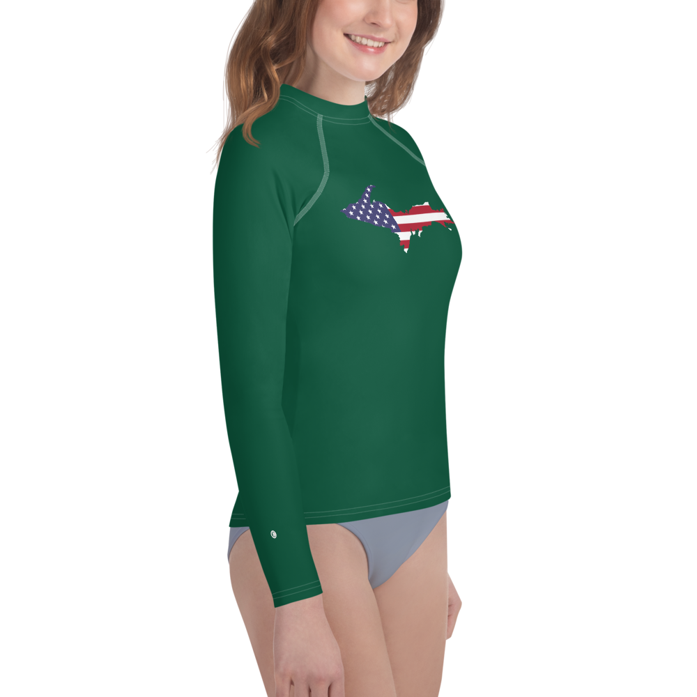 Michigan Upper Peninsula Rash Guard (w/ UP USA Flag) | Youth - Superior Green