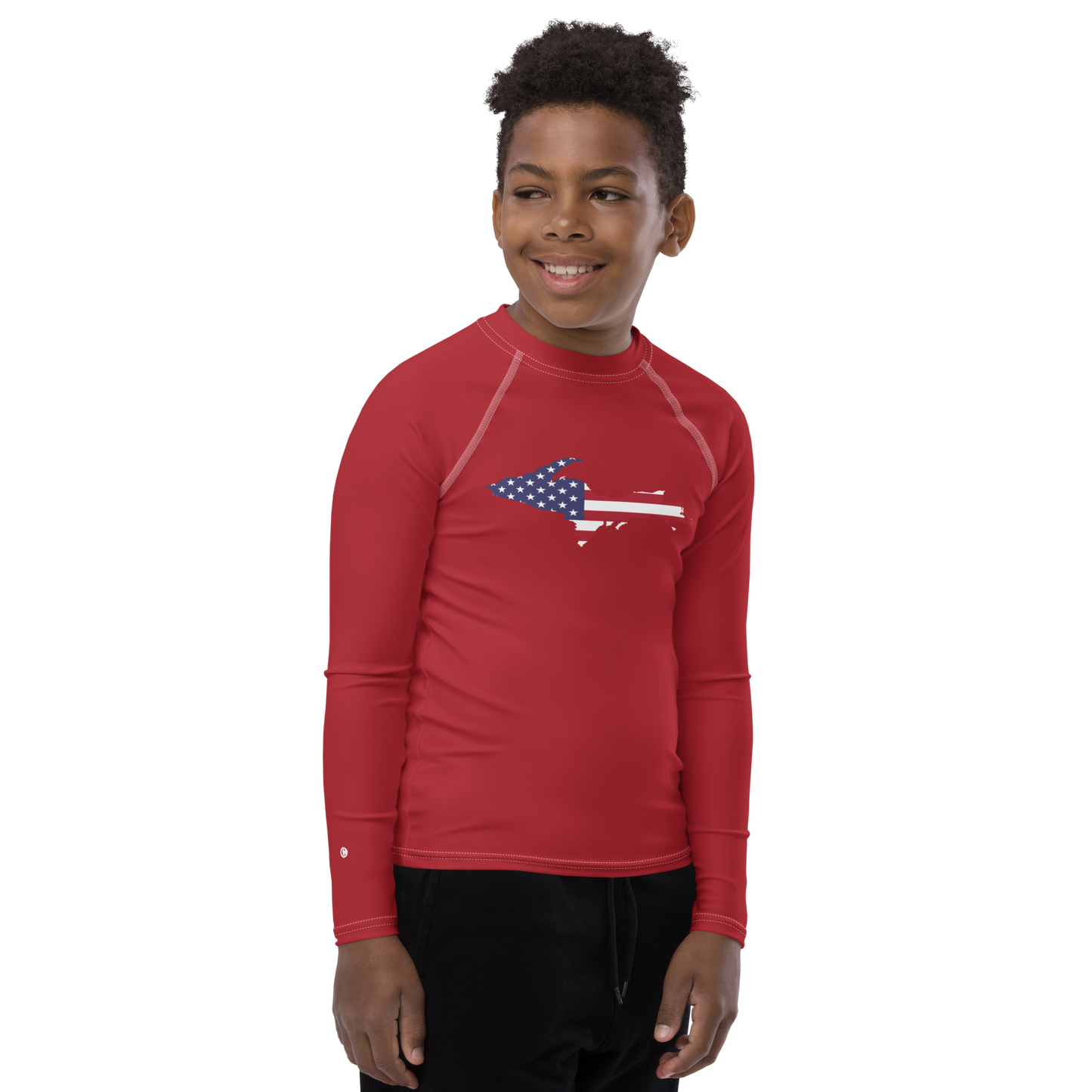 Michigan Upper Peninsula Rash Guard (w/ UP USA Flag) | Youth - Thimbleberry Red