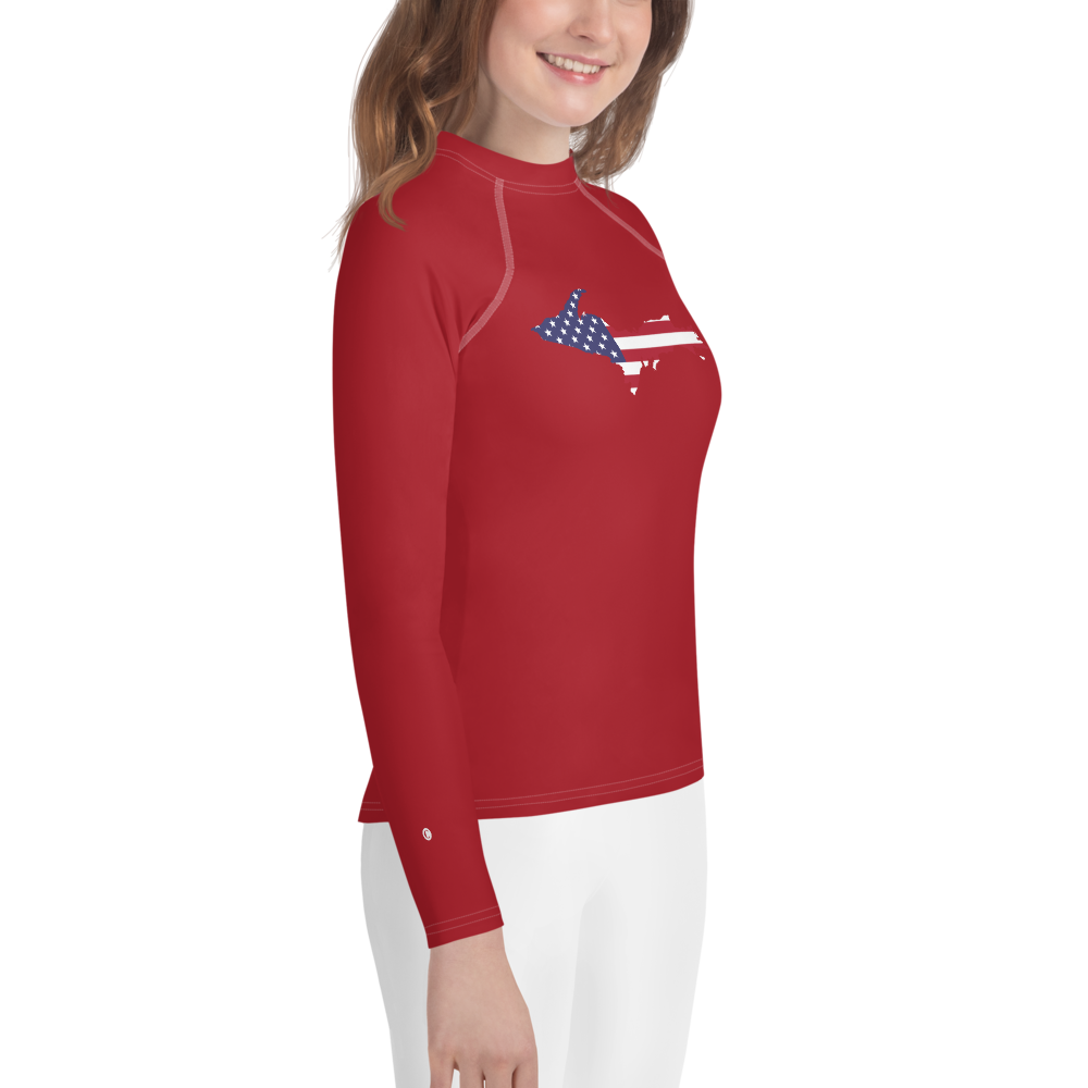 Michigan Upper Peninsula Rash Guard (w/ UP USA Flag) | Youth - Thimbleberry Red