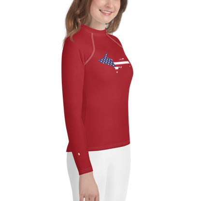 Michigan Upper Peninsula Rash Guard (w/ UP USA Flag) | Youth - Thimbleberry Red