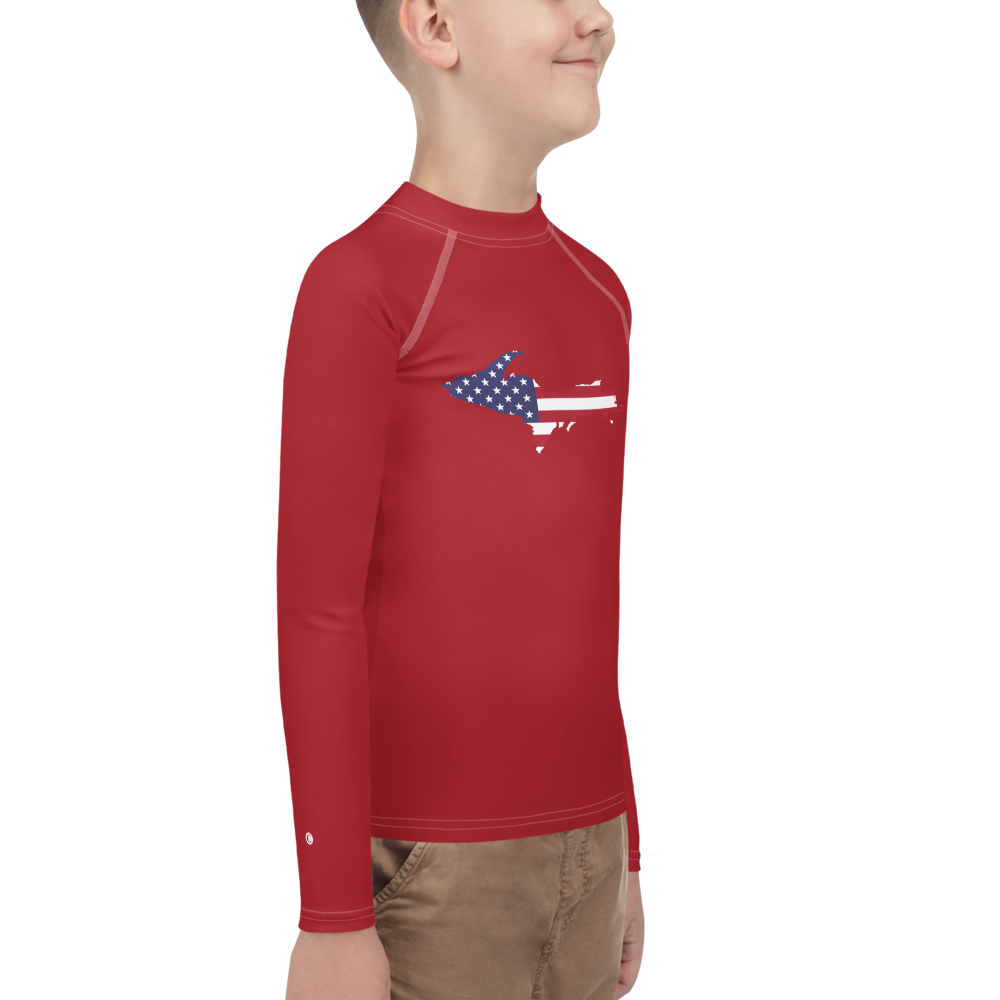 Michigan Upper Peninsula Rash Guard (w/ UP USA Flag) | Youth - Thimbleberry Red