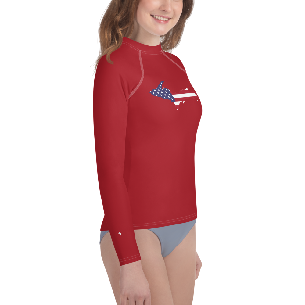 Michigan Upper Peninsula Rash Guard (w/ UP USA Flag) | Youth - Thimbleberry Red