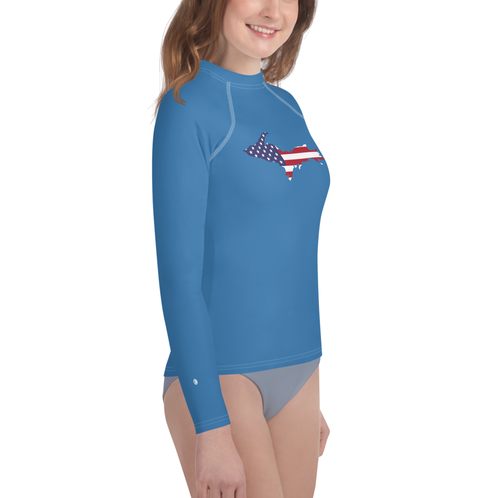 Michigan Upper Peninsula Rash Guard (w/ UP USA Flag) | Youth - Lake Superior Blue