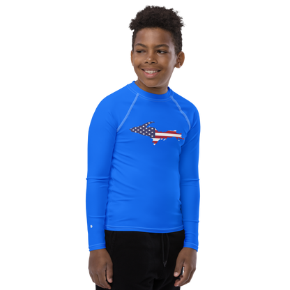 Michigan Upper Peninsula Rash Guard (w/ UP USA Flag) | Youth - Motor Town Blue