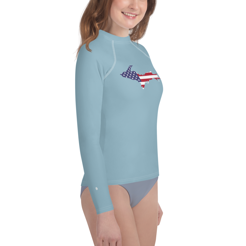 Michigan Upper Peninsula Rash Guard (w/ UP USA Flag) | Youth - Opal Blue