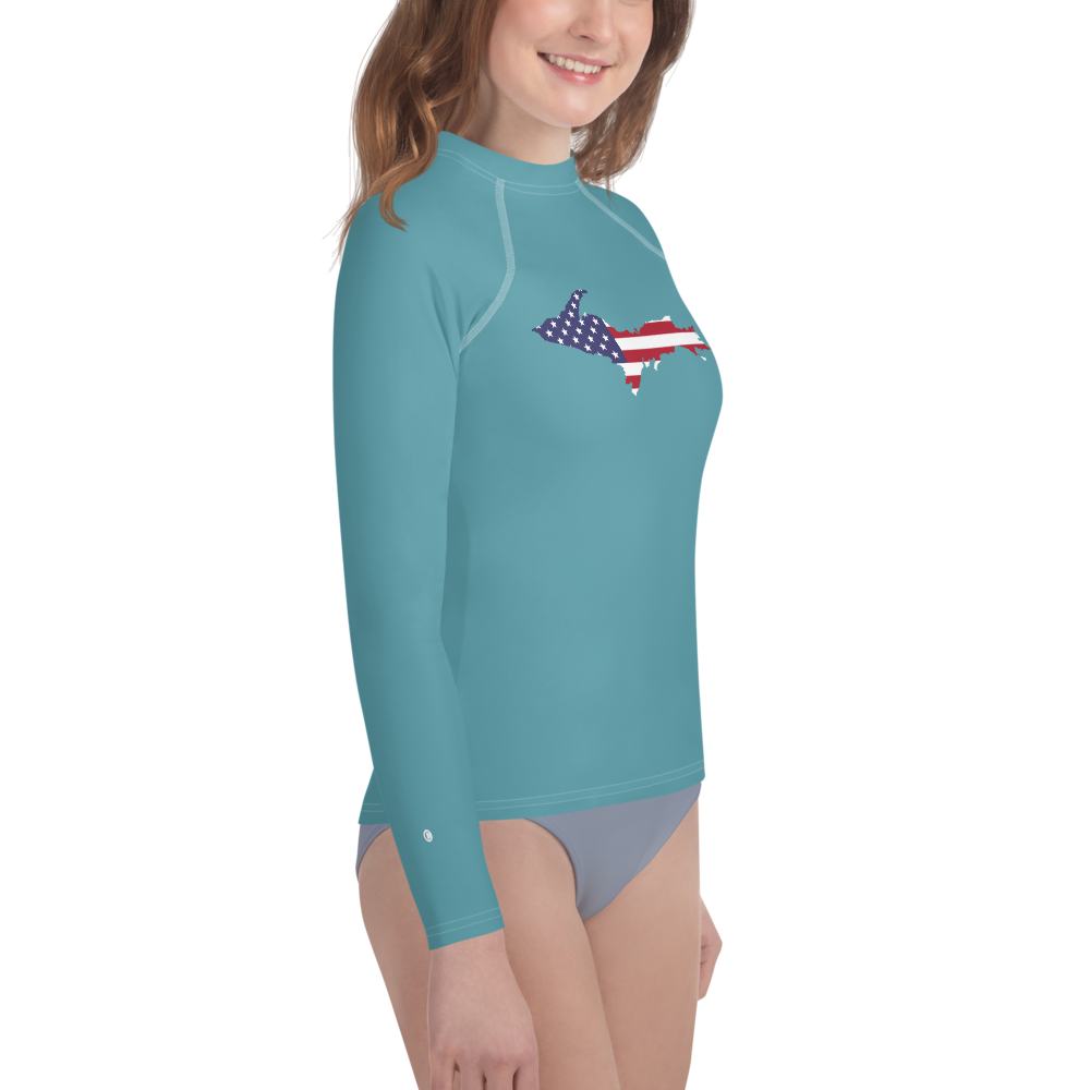 Michigan Upper Peninsula Rash Guard (w/ UP USA Flag) | Youth - Lake Huron Blue