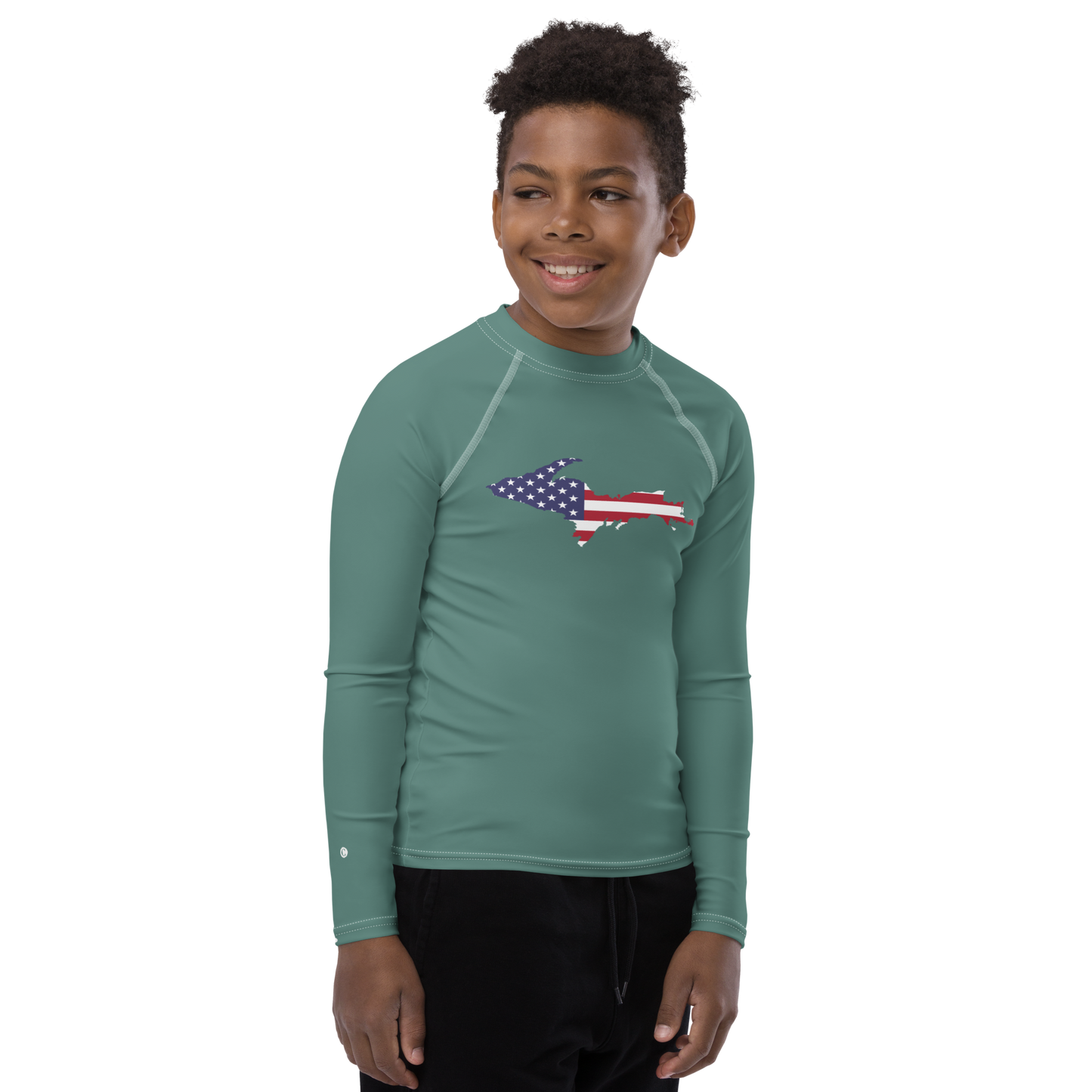 Michigan Upper Peninsula Rash Guard (w/ UP USA Flag) | Youth - Copper Green