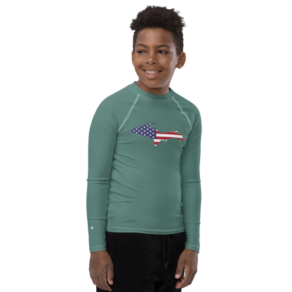 Michigan Upper Peninsula Rash Guard (w/ UP USA Flag) | Youth - Copper Green