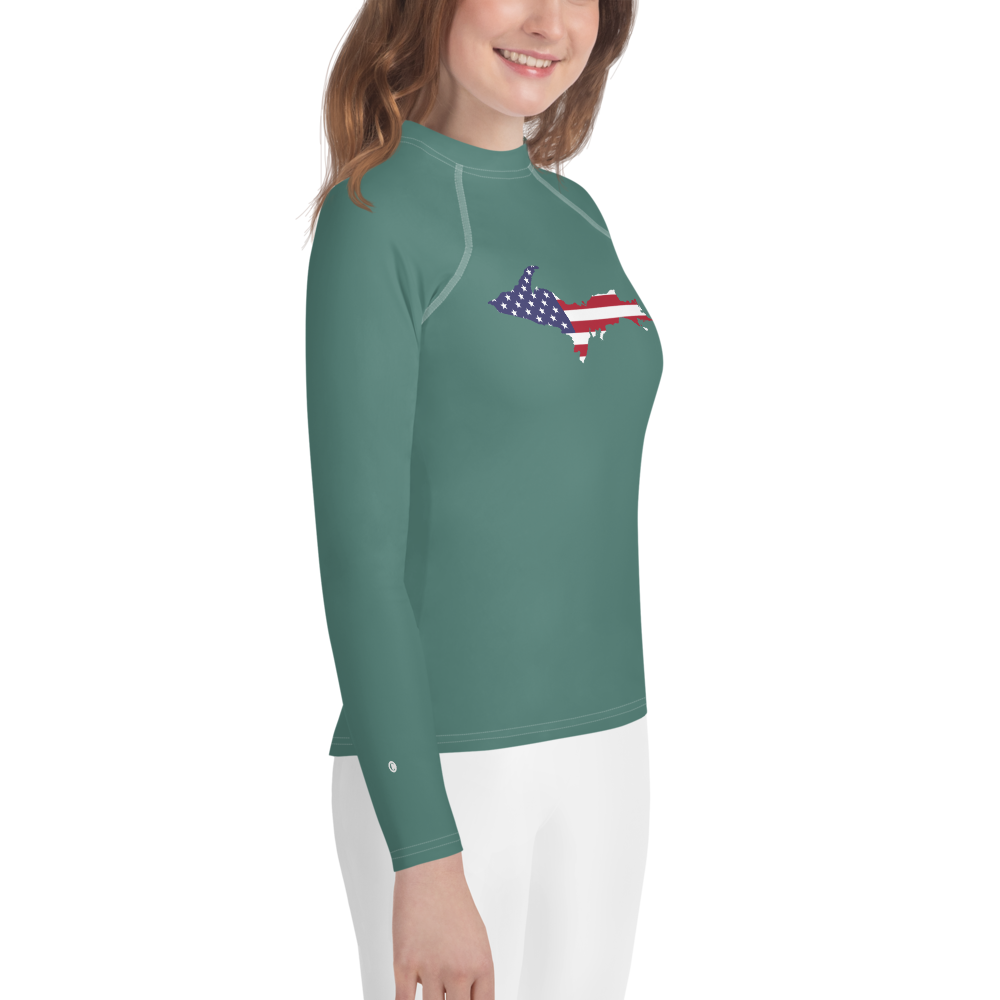 Michigan Upper Peninsula Rash Guard (w/ UP USA Flag) | Youth - Copper Green