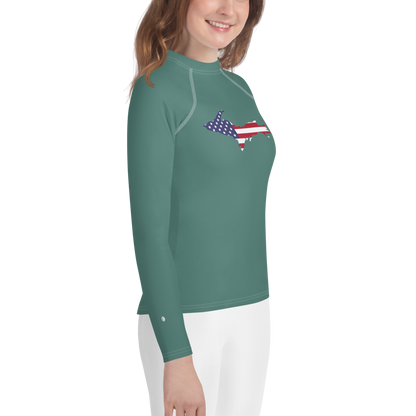 Michigan Upper Peninsula Rash Guard (w/ UP USA Flag) | Youth - Copper Green