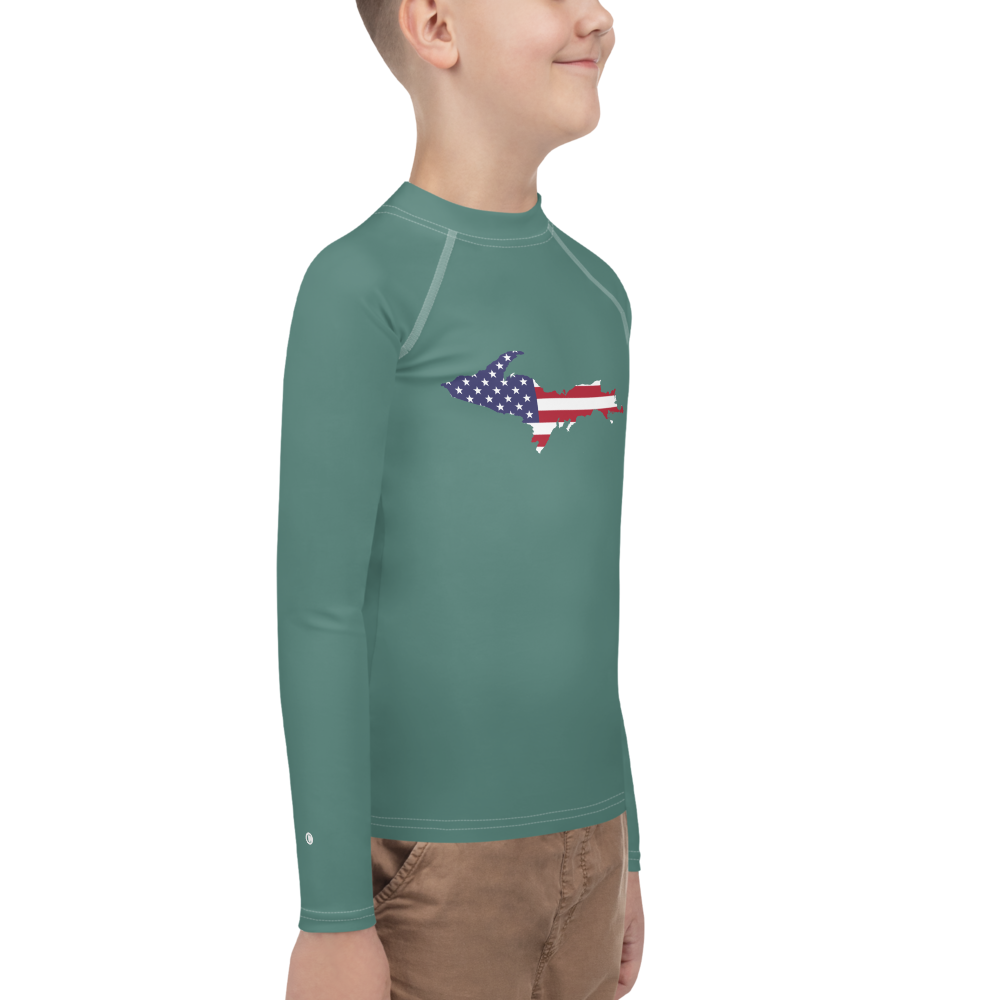 Michigan Upper Peninsula Rash Guard (w/ UP USA Flag) | Youth - Copper Green