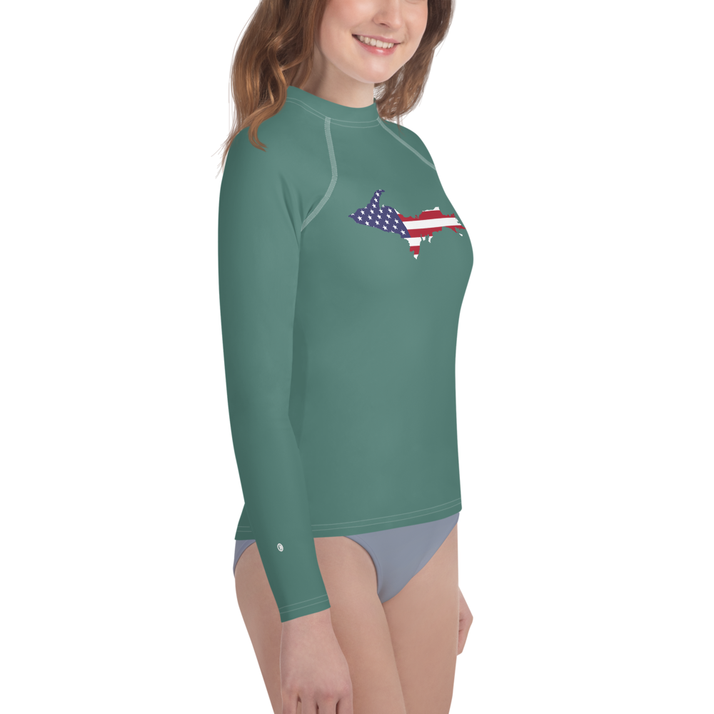 Michigan Upper Peninsula Rash Guard (w/ UP USA Flag) | Youth - Copper Green