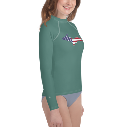 Michigan Upper Peninsula Rash Guard (w/ UP USA Flag) | Youth - Copper Green