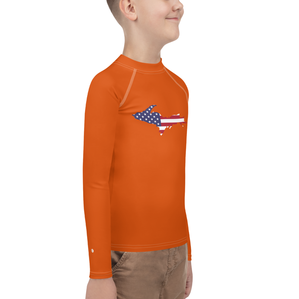 Michigan Upper Peninsula Rash Guard (w/ UP USA Flag) | Youth - Maple Leaf Orange