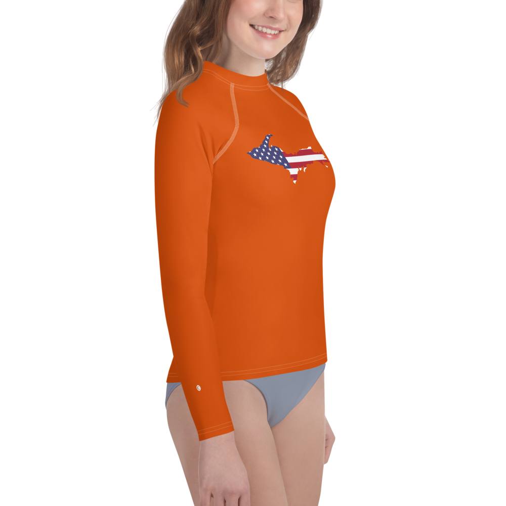 Michigan Upper Peninsula Rash Guard (w/ UP USA Flag) | Youth - Maple Leaf Orange