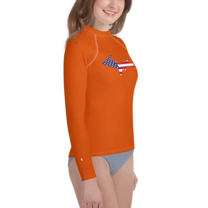 Michigan Upper Peninsula Rash Guard (w/ UP USA Flag) | Youth - Maple Leaf Orange