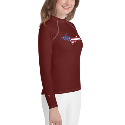 Michigan Upper Peninsula Rash Guard (w/ UP USA Flag) | Youth - Cherrywood Color