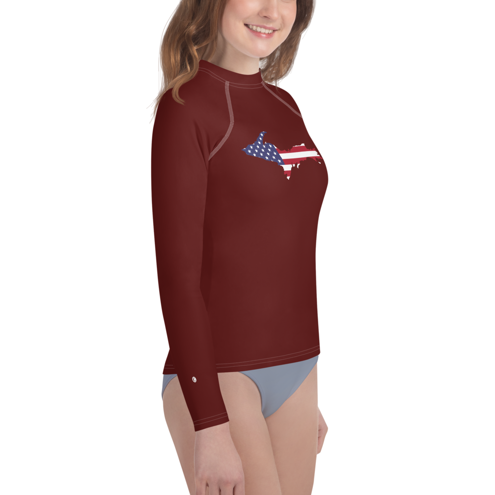 Michigan Upper Peninsula Rash Guard (w/ UP USA Flag) | Youth - Cherrywood Color