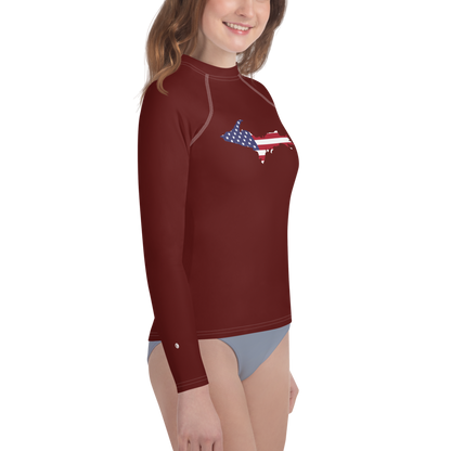 Michigan Upper Peninsula Rash Guard (w/ UP USA Flag) | Youth - Cherrywood Color