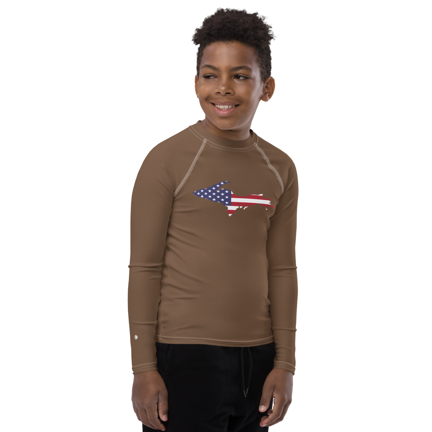 Michigan Upper Peninsula Rash Guard (w/ UP USA Flag) | Youth - Coffee Color