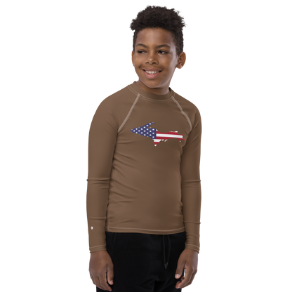 Michigan Upper Peninsula Rash Guard (w/ UP USA Flag) | Youth - Coffee Color