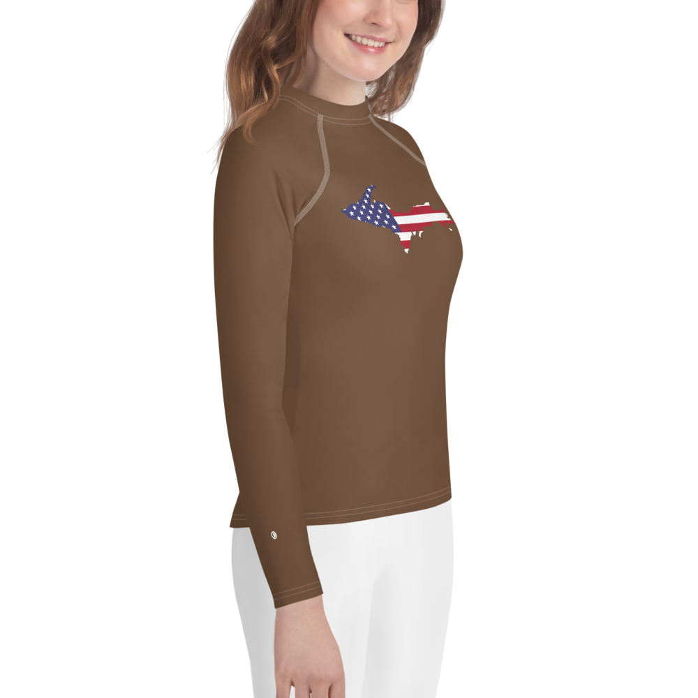 Michigan Upper Peninsula Rash Guard (w/ UP USA Flag) | Youth - Coffee Color