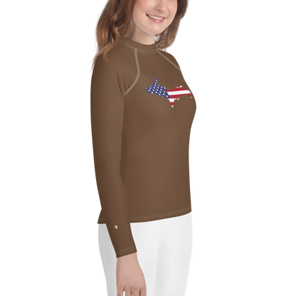 Michigan Upper Peninsula Rash Guard (w/ UP USA Flag) | Youth - Coffee Color