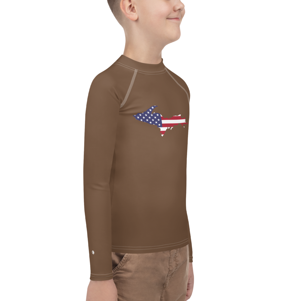 Michigan Upper Peninsula Rash Guard (w/ UP USA Flag) | Youth - Coffee Color