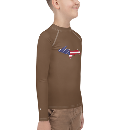 Michigan Upper Peninsula Rash Guard (w/ UP USA Flag) | Youth - Coffee Color