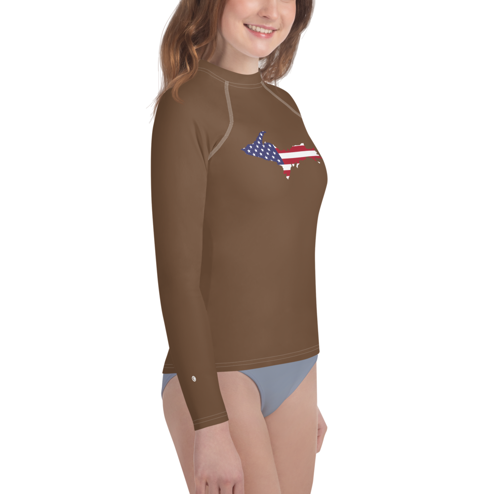 Michigan Upper Peninsula Rash Guard (w/ UP USA Flag) | Youth - Coffee Color