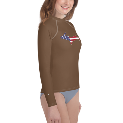 Michigan Upper Peninsula Rash Guard (w/ UP USA Flag) | Youth - Coffee Color