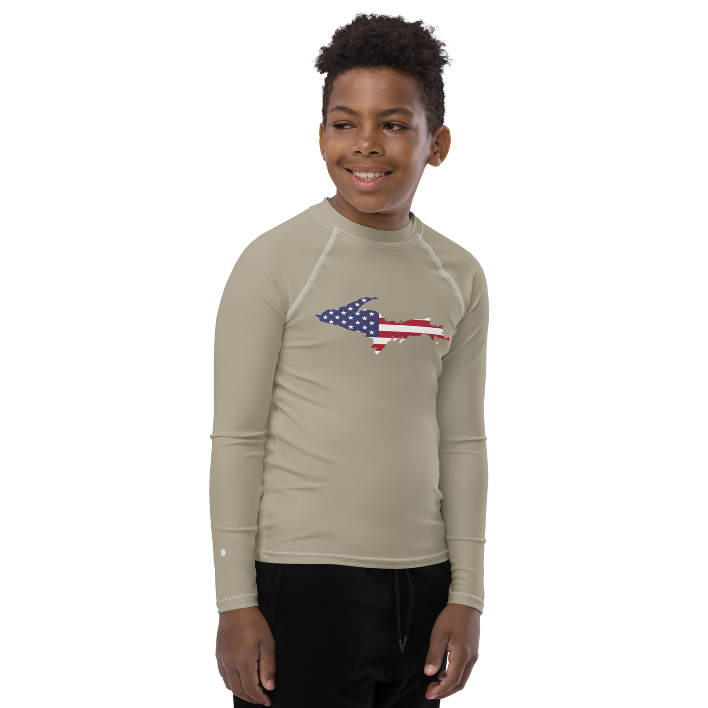 Michigan Upper Peninsula Rash Guard (w/ UP USA Flag) | Youth - Petoskey Stone Beige