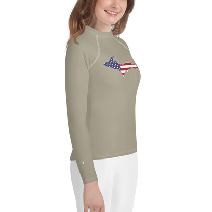 Michigan Upper Peninsula Rash Guard (w/ UP USA Flag) | Youth - Petoskey Stone Beige