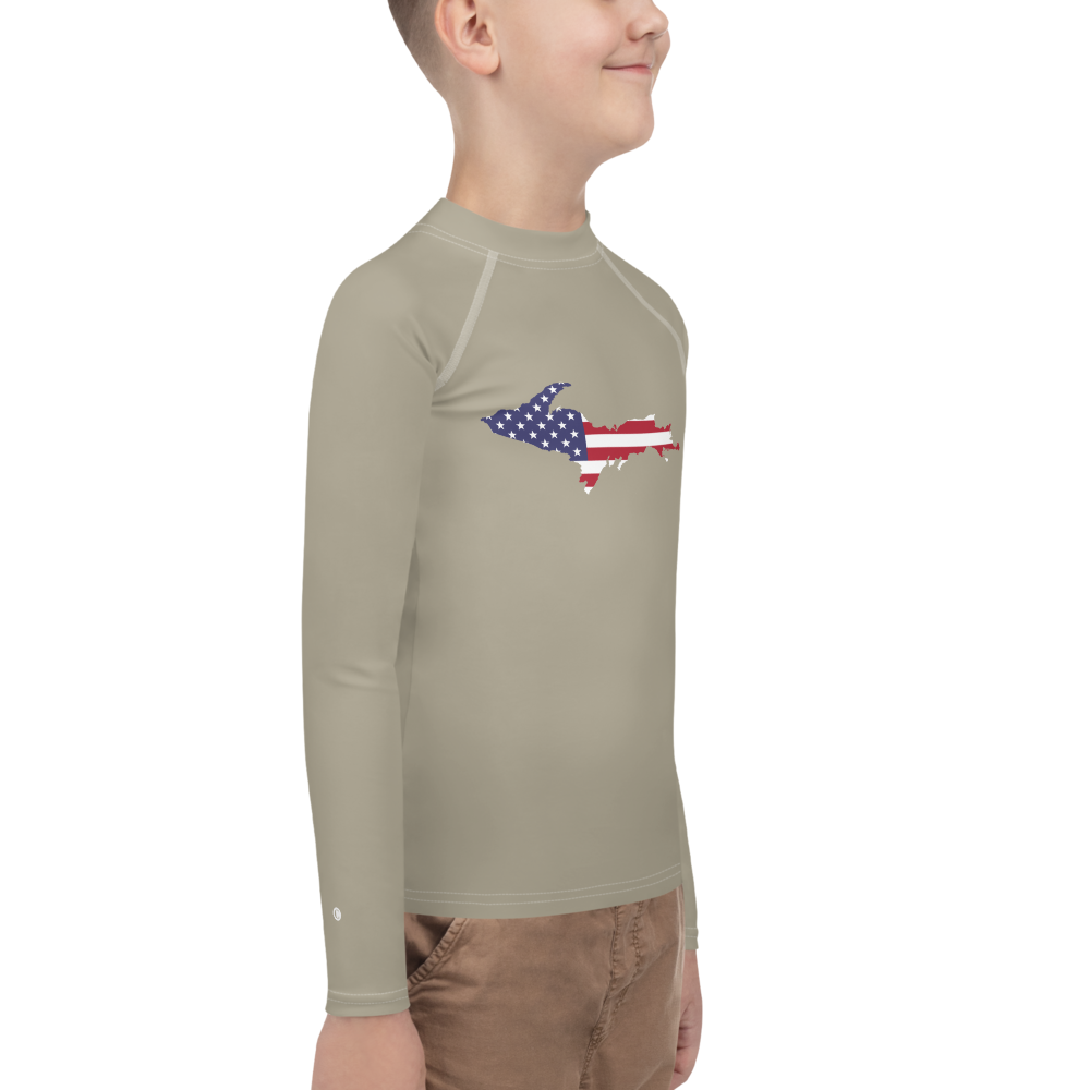 Michigan Upper Peninsula Rash Guard (w/ UP USA Flag) | Youth - Petoskey Stone Beige