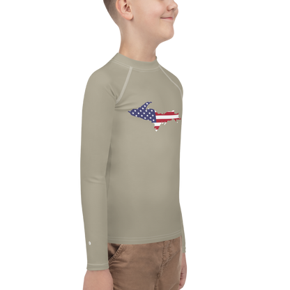 Michigan Upper Peninsula Rash Guard (w/ UP USA Flag) | Youth - Petoskey Stone Beige