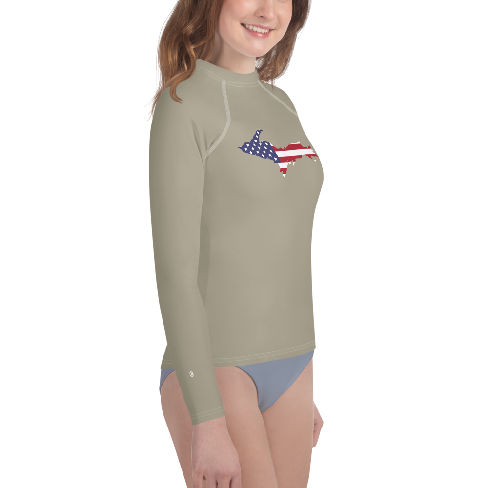 Michigan Upper Peninsula Rash Guard (w/ UP USA Flag) | Youth - Petoskey Stone Beige