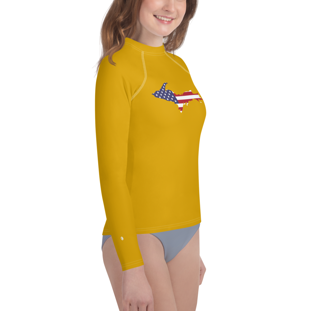 Michigan Upper Peninsula Rash Guard (w/ UP USA Flag) | Youth - Gold