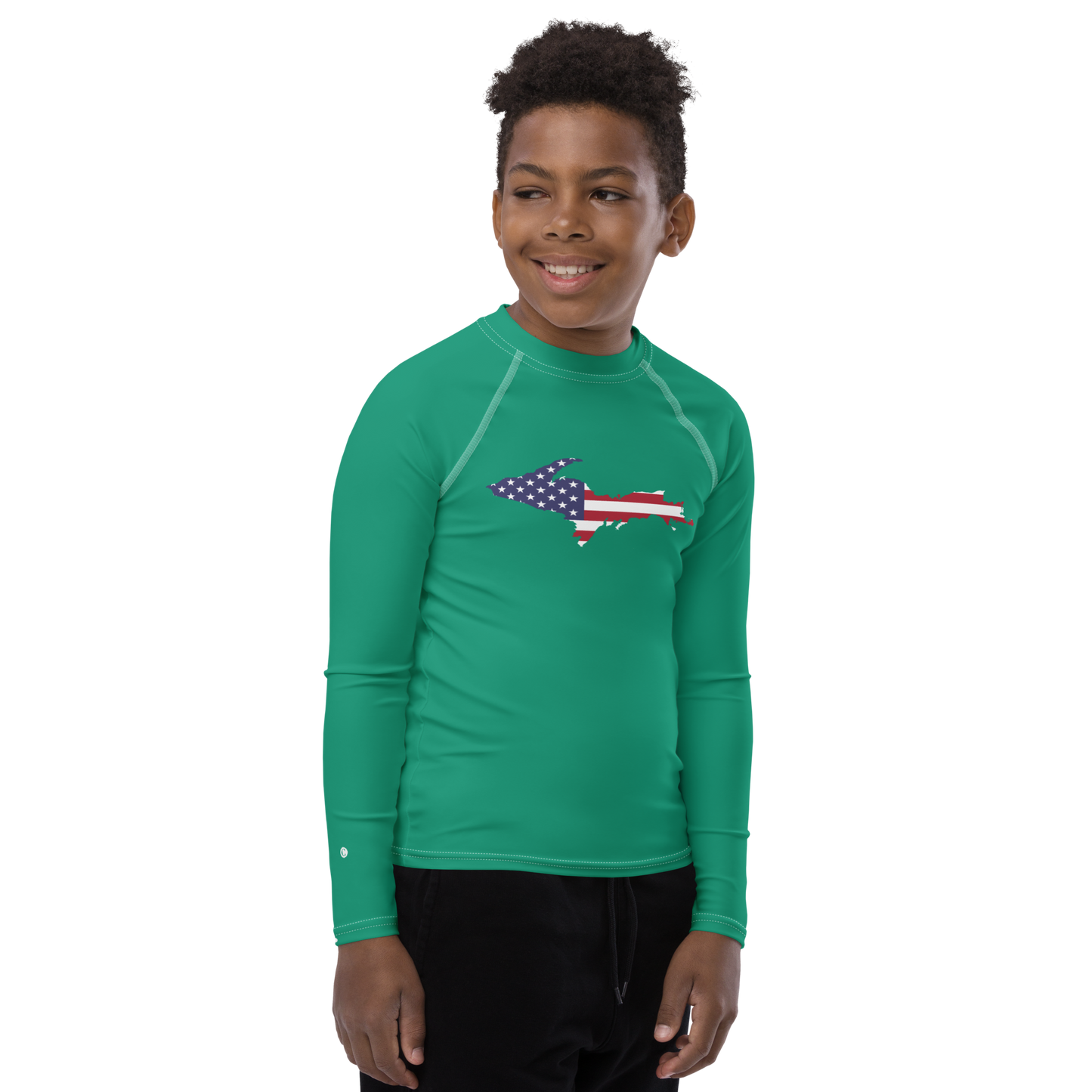 Michigan Upper Peninsula Rash Guard (w/ UP USA Flag) | Youth - Emerald Gren