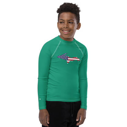 Michigan Upper Peninsula Rash Guard (w/ UP USA Flag) | Youth - Emerald Gren