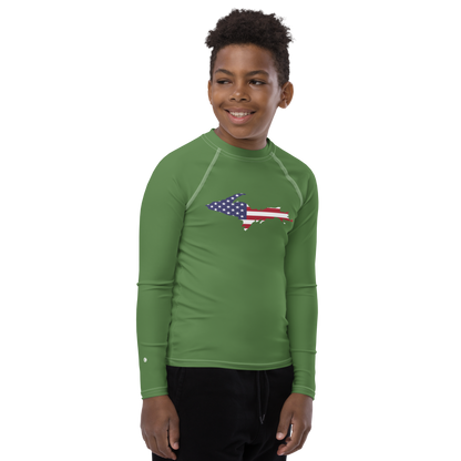 Michigan Upper Peninsula Rash Guard (w/ UP USA Flag) | Youth - Pine Green