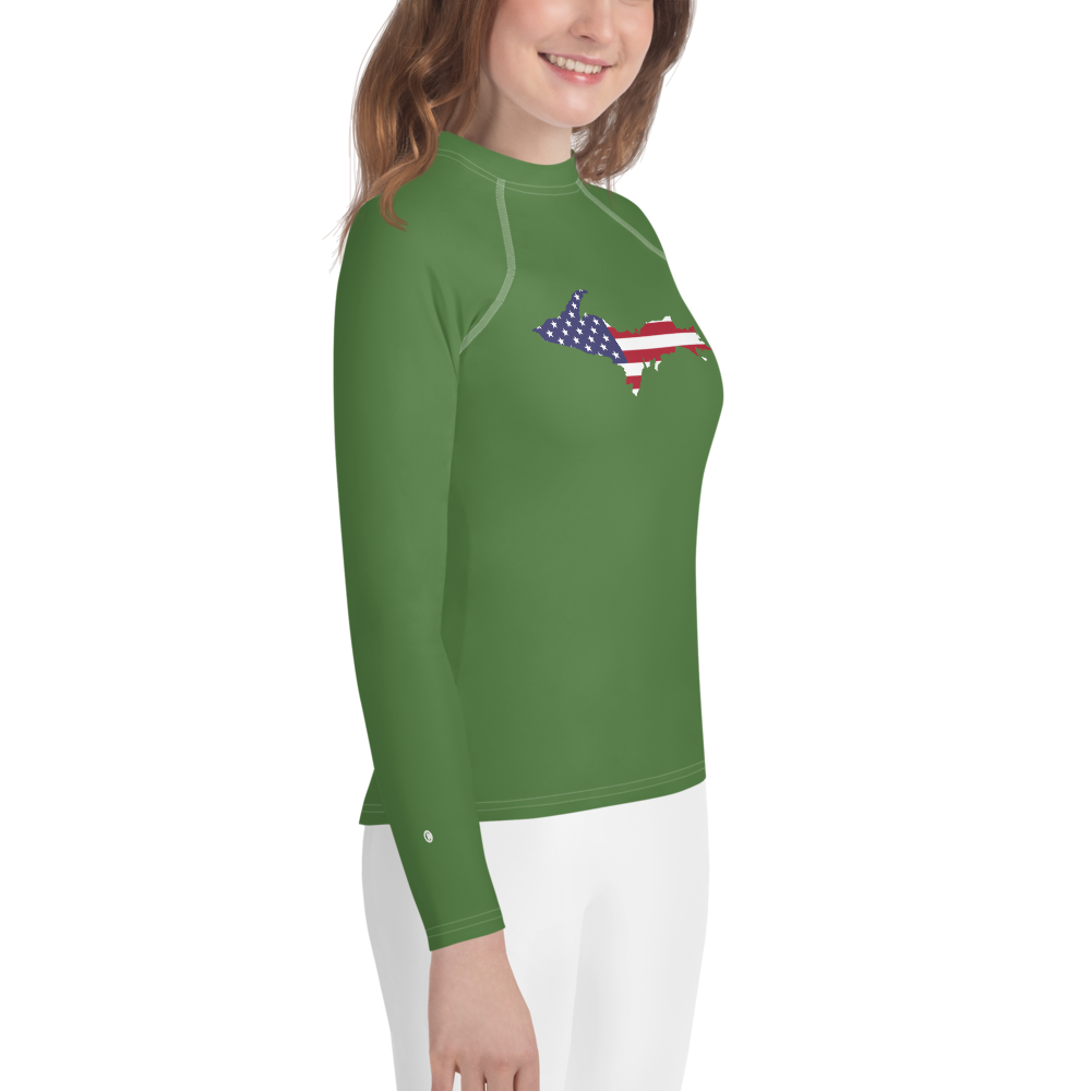 Michigan Upper Peninsula Rash Guard (w/ UP USA Flag) | Youth - Pine Green