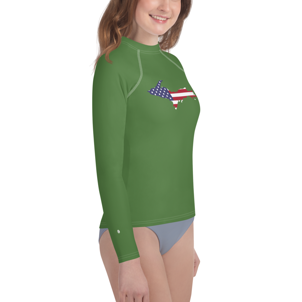 Michigan Upper Peninsula Rash Guard (w/ UP USA Flag) | Youth - Pine Green