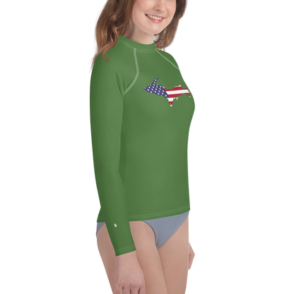 Michigan Upper Peninsula Rash Guard (w/ UP USA Flag) | Youth - Pine Green