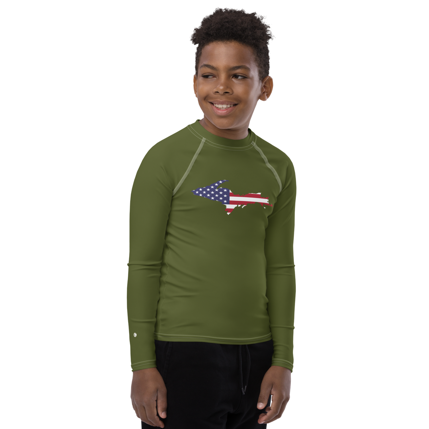 Michigan Upper Peninsula Rash Guard (w/ UP USA Flag) | Youth - Army Green