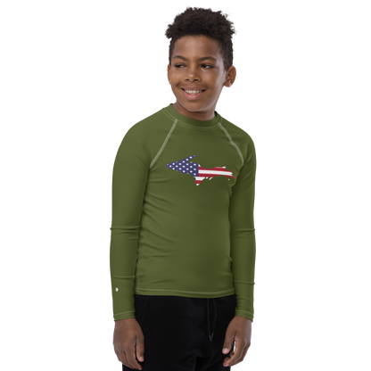 Michigan Upper Peninsula Rash Guard (w/ UP USA Flag) | Youth - Army Green