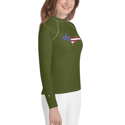 Michigan Upper Peninsula Rash Guard (w/ UP USA Flag) | Youth - Army Green