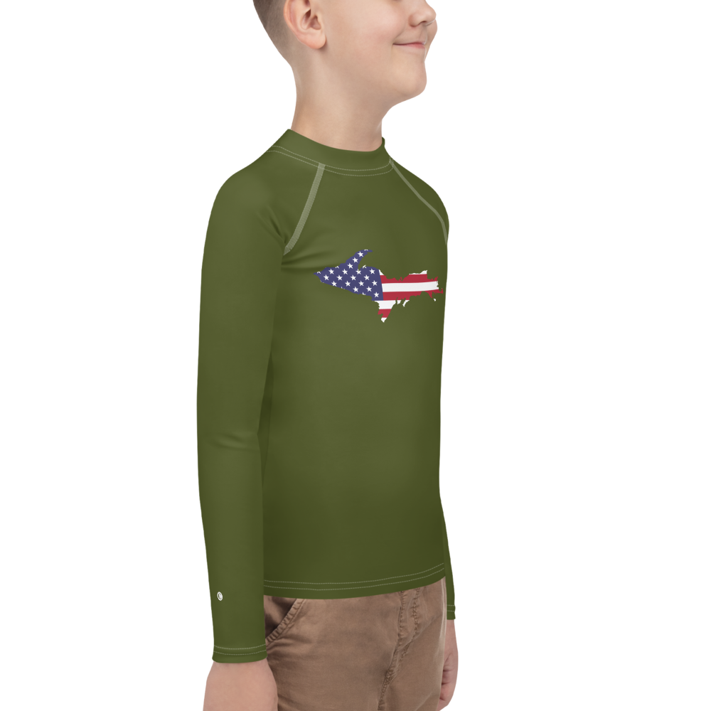 Michigan Upper Peninsula Rash Guard (w/ UP USA Flag) | Youth - Army Green