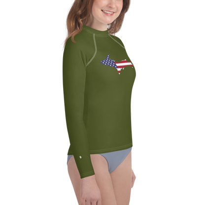 Michigan Upper Peninsula Rash Guard (w/ UP USA Flag) | Youth - Army Green